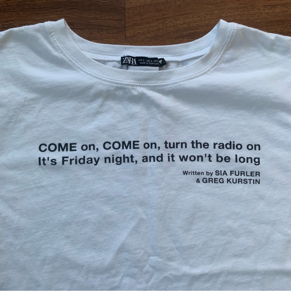 Zara White T-shirt Lyrics to by Sia Women’s Large Band Graphic Music RN 77302 - Picture 2 of 8